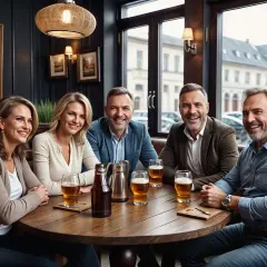 Grupa przyjaciół świętuje na festiwalu piwa, śmiejąc się i wznosząc toasty przy okrągłym stole.