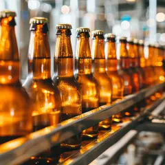 Szklane butelki piwa Tyskie na linii produkcyjnej. Różne rodzaje butelek czekają na napełnienie.