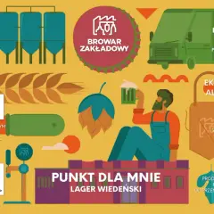 Ilustracja promuje piwo z browaru zakładowego. Widzimy butelki, cysterny, dostawczego vana i mężczyznę z kuflem.
