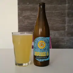 Bączek piwa "Unplugged" bezalkoholowe IPA i szklanka orzeźwiającego napoju na białym stole.