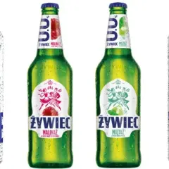Dwie butelki Żywca Malina i Mięta, obok puszek Żywca 0.0. Skład piwa Żywiec jest tu widoczny na etykietach.