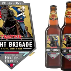 Piwo Iron Maiden Trooper Light Brigade z Eddie'm na koniu i flagą. Wersja dla Help for Heroes.