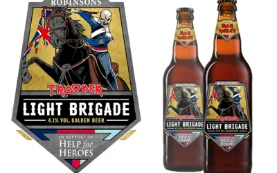 Piwo Iron Maiden Trooper Light Brigade z Eddie'm na koniu i flagą. Wersja dla Help for Heroes.