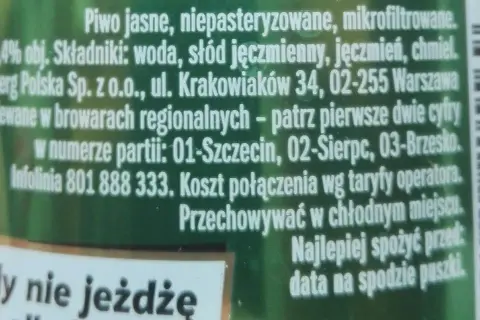 Kasztelan piwo jasne, niepasteryzowane, mikrofiltrowane. Zawartość alkoholu 5,4% obj. Składniki: woda, słód jęczmienny, jęczmień, chmiel.