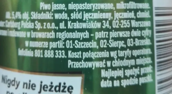 Kasztelan piwo jasne, niepasteryzowane, mikrofiltrowane. Zawartość alkoholu 5,4% obj. Składniki: woda, słód jęczmienny, jęczmień, chmiel.