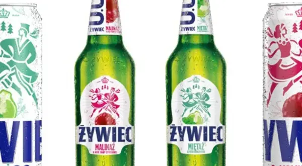 Dwie butelki Żywca Malina i Mięta, obok puszek Żywca 0.0. Skład piwa Żywiec jest tu widoczny na etykietach.