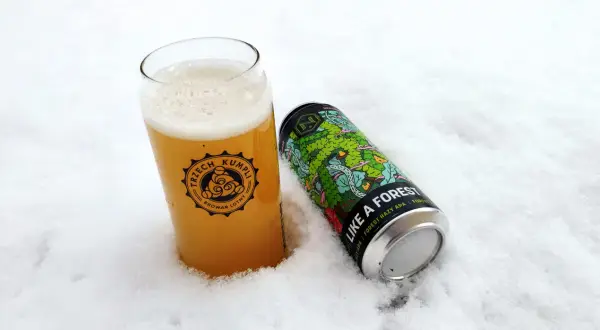 Szklanka piwa z logo "Trzech Kumpli" i puszka "Like a Forest" od **browaru Nepomucen** w śniegu.
