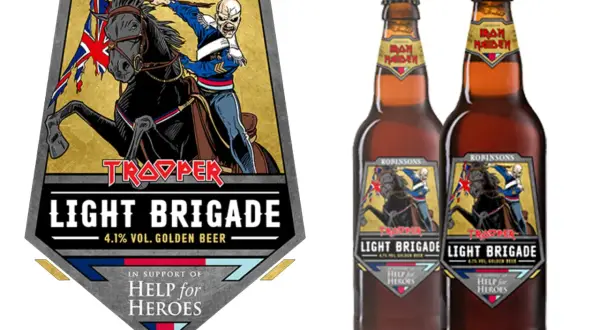 Piwo Iron Maiden Trooper Light Brigade z Eddie'm na koniu i flagą. Wersja dla Help for Heroes.