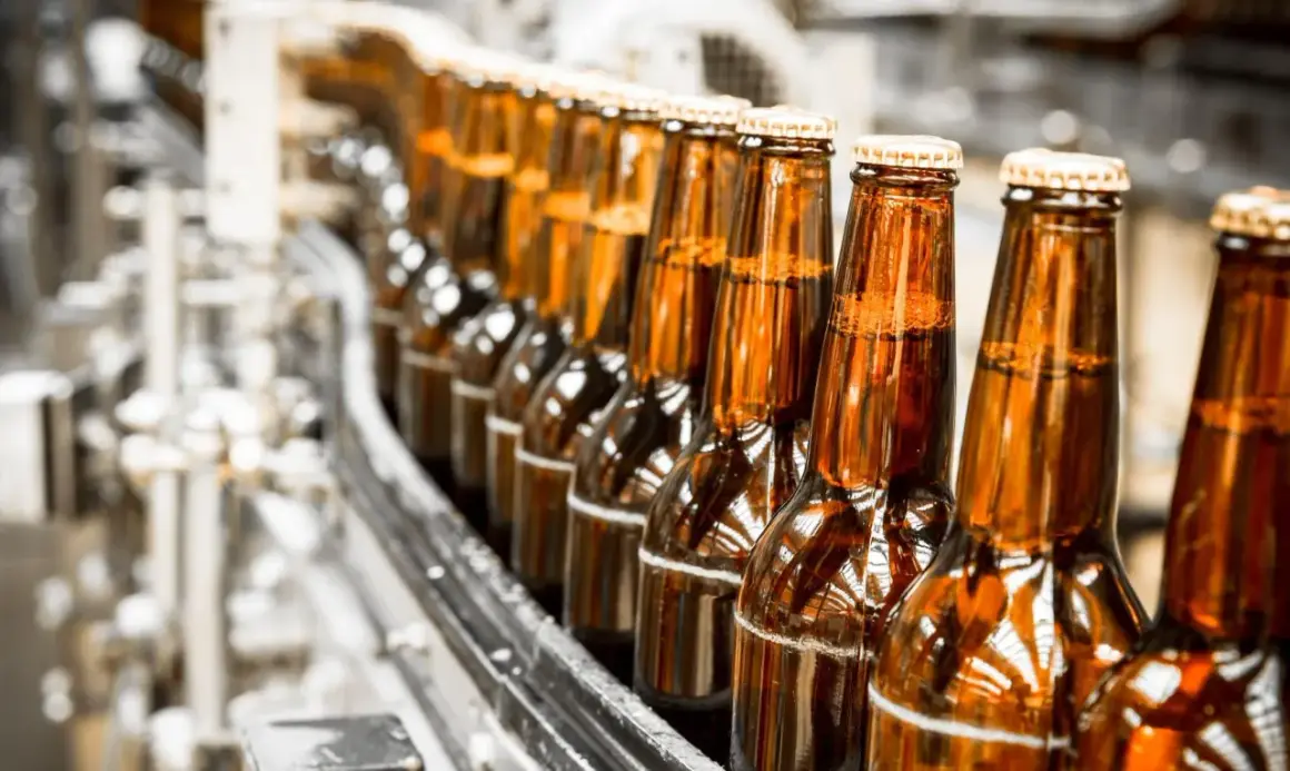 Szklane butelki piwa na linii produkcyjnej AB InBev.