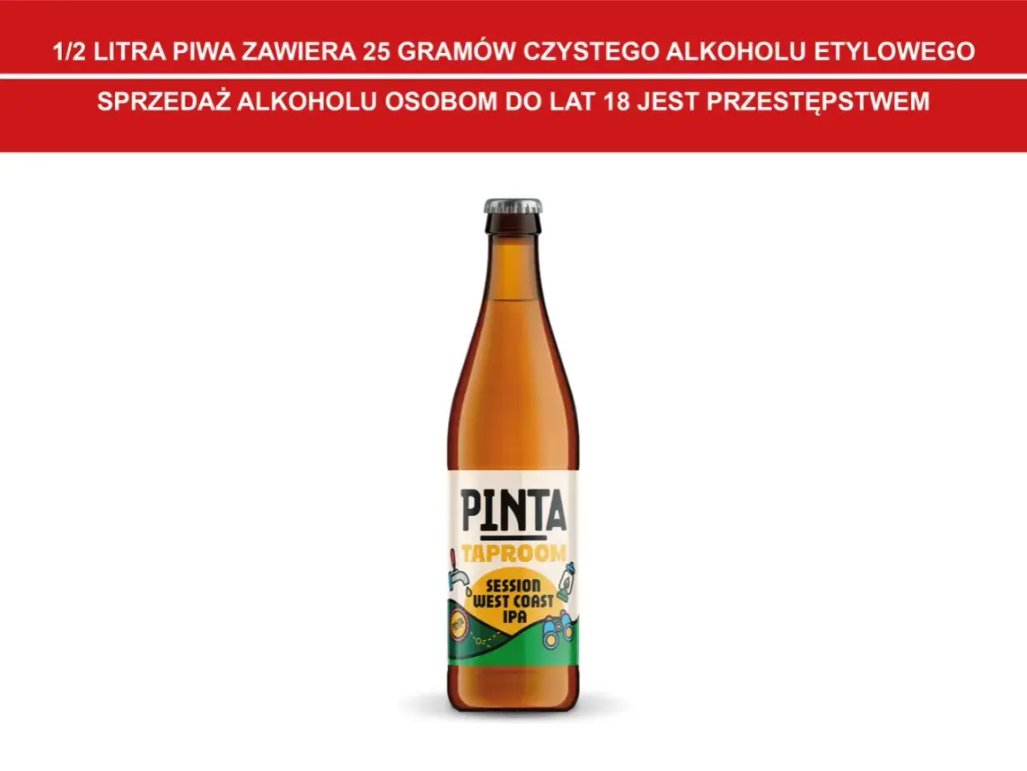 Butelka piwa Pinta Taproom Session West Coast IPA, jednego z piw z Lidla, na białym tle.