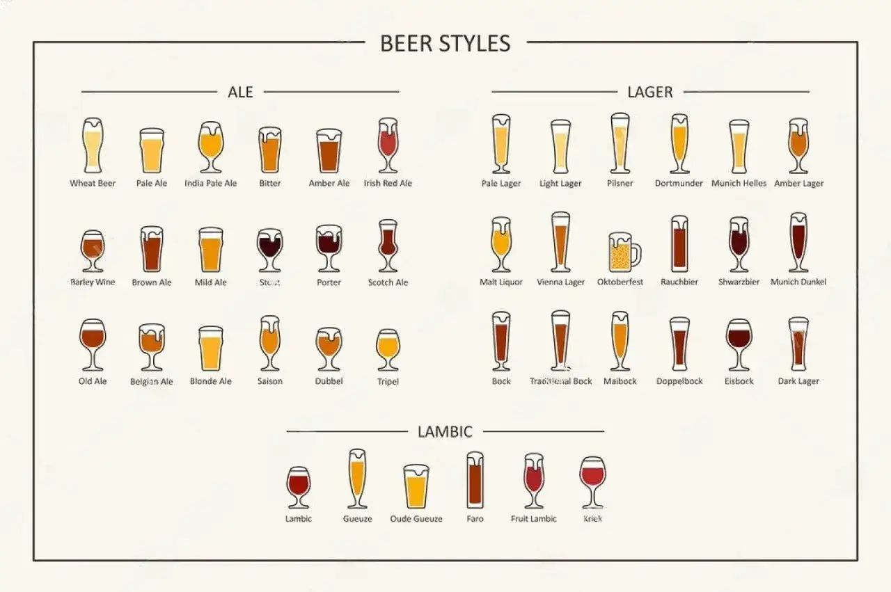 Ilustracja przedstawia różne rodzaje piwa: Ale, Lager i Lambic, prezentując ich style w szklankach.