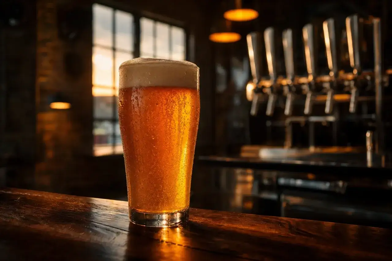 Schłodzone weizen piwo z pianką na drewnianym blacie, w tle bar z kranami.