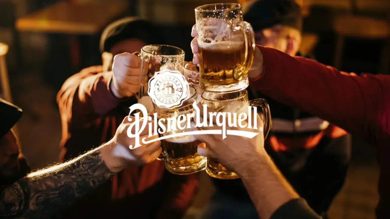Ręce unoszą kufle ze złotym, orzeźwiającym czeskim piwem Pilsner Urquell.