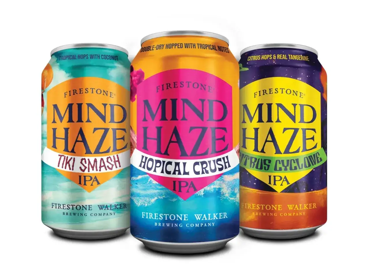 Trzy puszki piwa Firestone Mind Haze IPA: Tiki Smash, Hopical Crush i Citrus Cyclone. Idealne na letnie orzeźwienie.