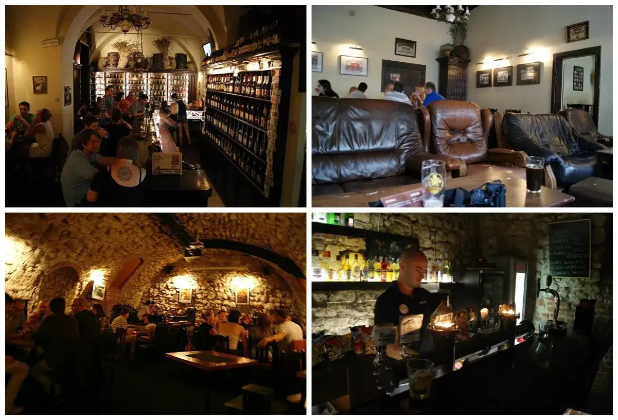 Wnętrza pubu z bogatą ofertą piw. Widać ludzi przy barze i stolikach, sk&oacute;rzane kanapy i kamienne ściany. To prawdziwy house of beer.