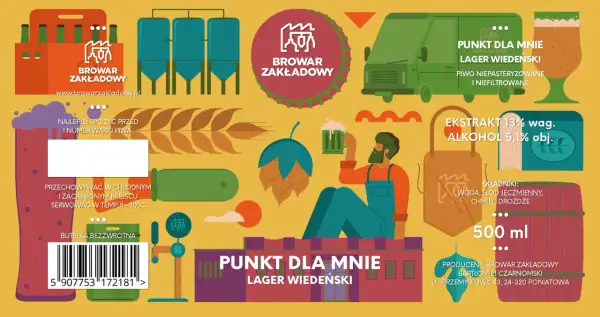 Ilustracja promuje piwo z browaru zakładowego. Widzimy butelki, cysterny, dostawczego vana i mężczyznę z kuflem.