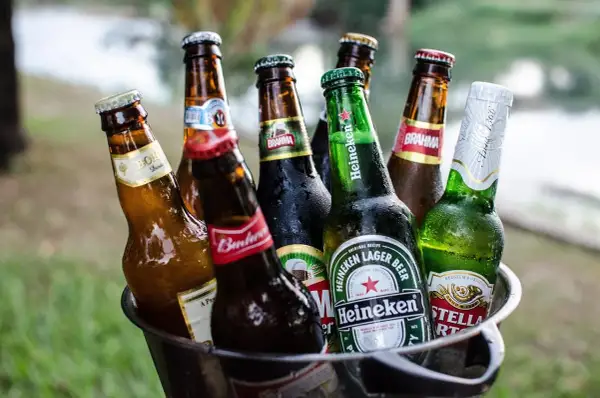 Kosz z butelkami piwa, w tym Heineken i Stella Artois, gotowy na letnie spotkanie. Idealne piwo w Niemczech na upalne dni.