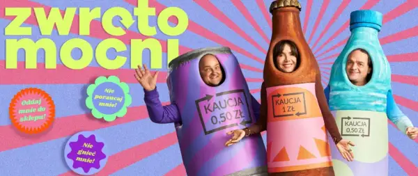 Ludzie w kostiumach opakowań zwrotnych zachęcają do oddawania ich do sklepu. Kaucja na paragonie to zwrot!