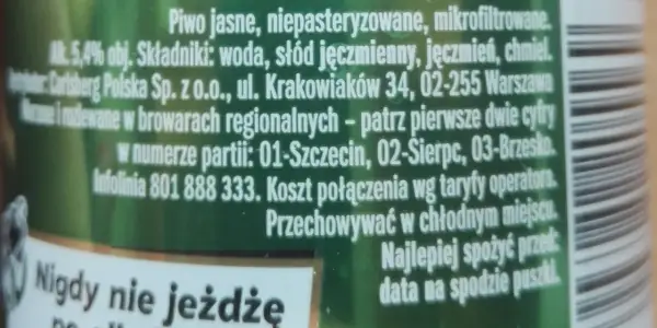 Kasztelan piwo jasne, niepasteryzowane, mikrofiltrowane. Zawartość alkoholu 5,4% obj. Składniki: woda, słód jęczmienny, jęczmień, chmiel.